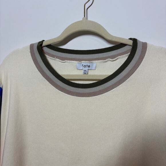 Fate Sweater Women 3XL Cream Plus Size Patterned Sleeves Crew Neck Ribbed Office - Picture 4 of 8